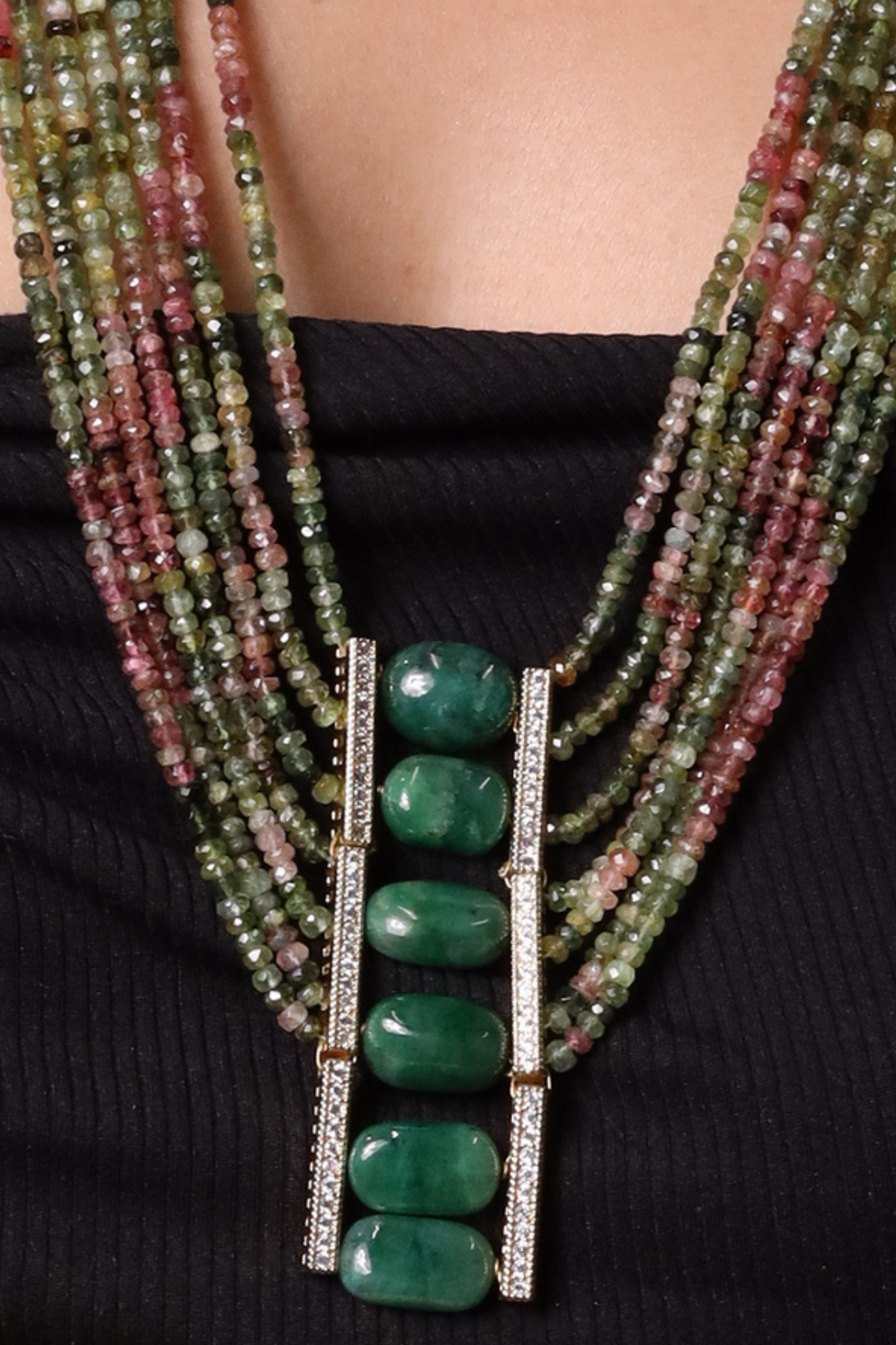 Tourmaline With Green Tumbles Seven line Necklace