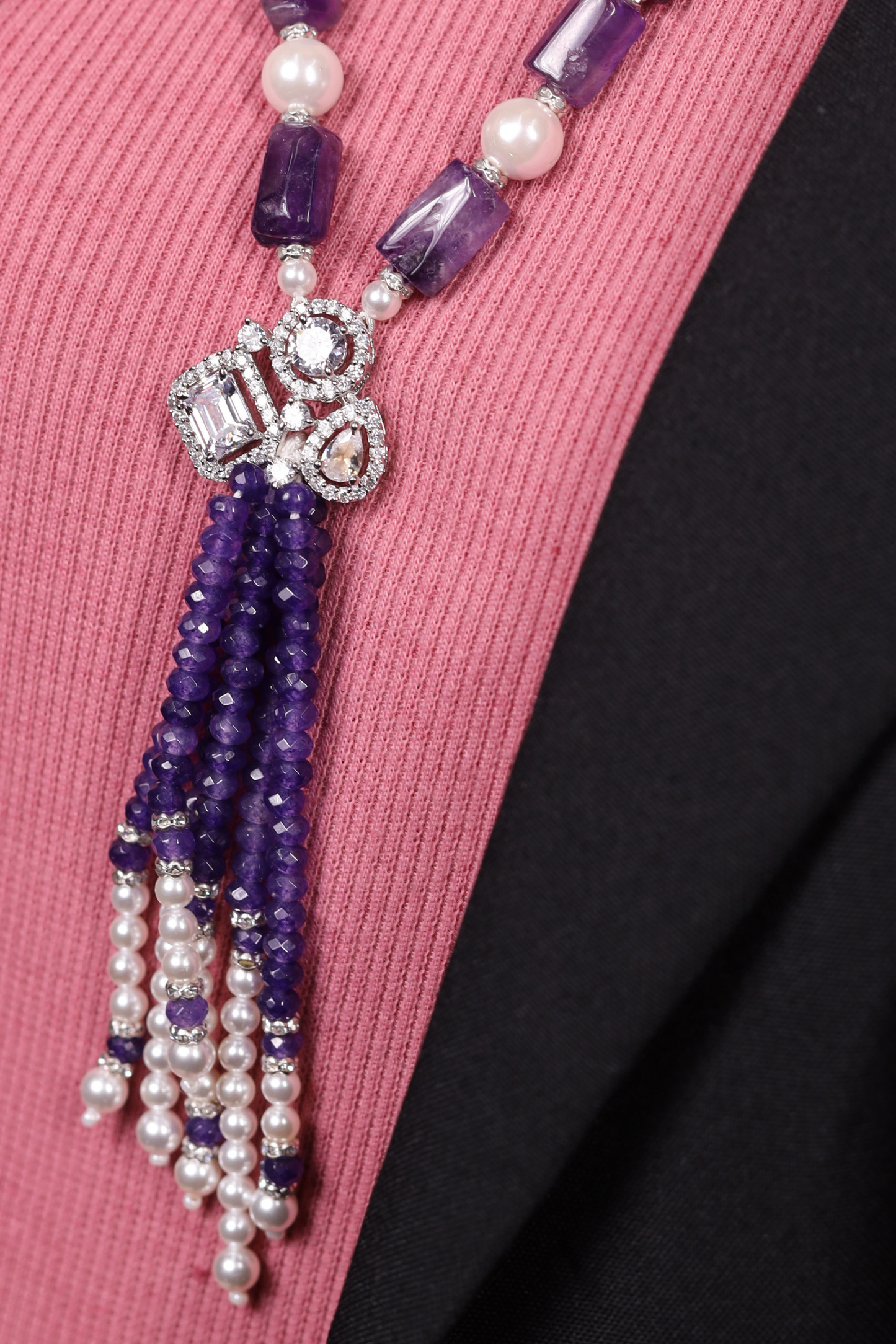 Amethyst & Pearl Contemporary with Locket Necklace