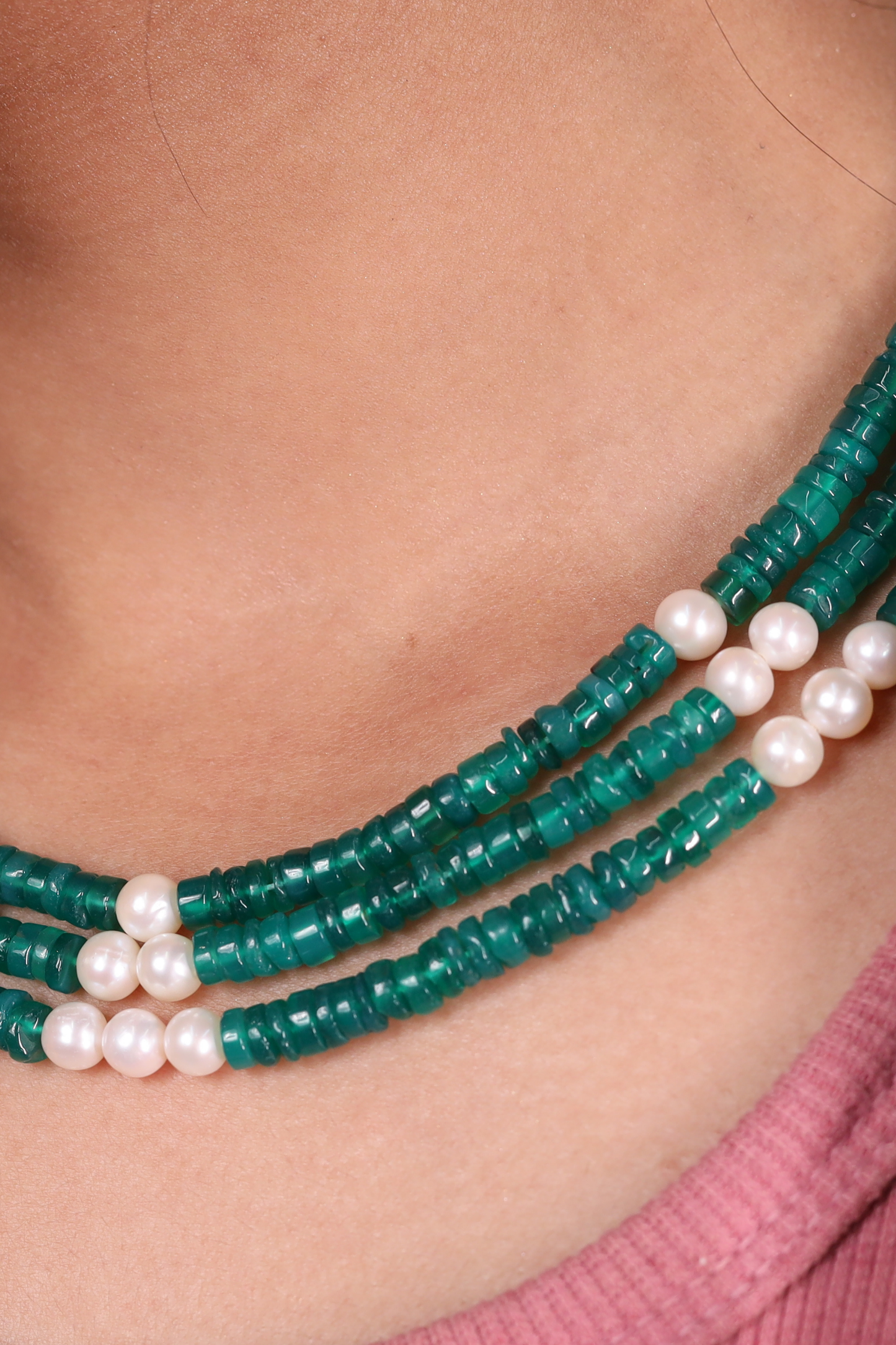 Adorable Green Onyx & Pearl Necklace