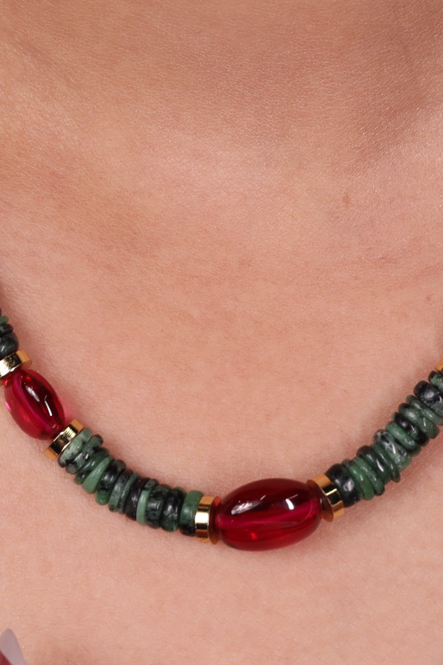 Green Zoisite & Ruby Beads Necklace
