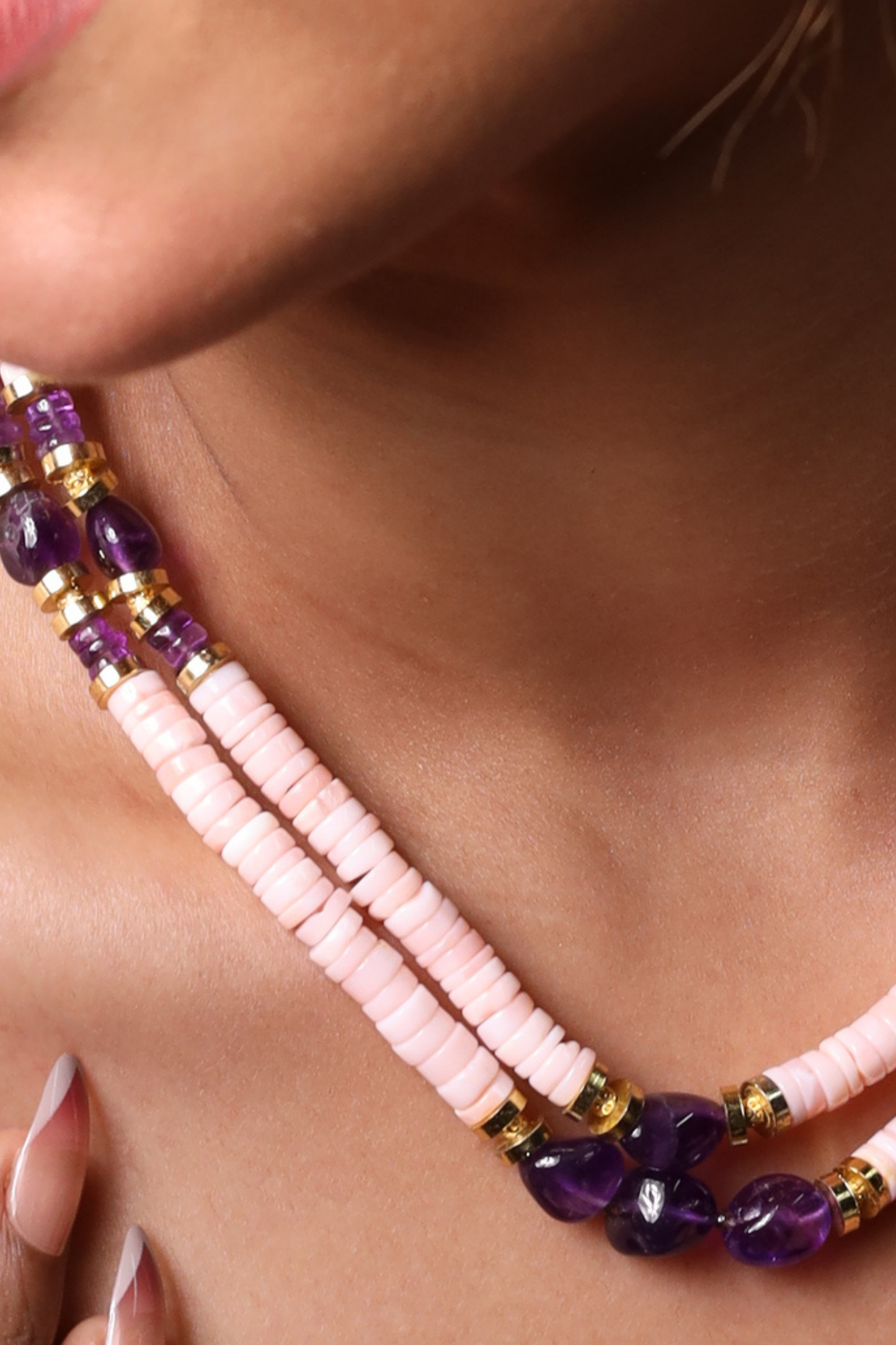 Pink Opal & amethyst Beads Necklace