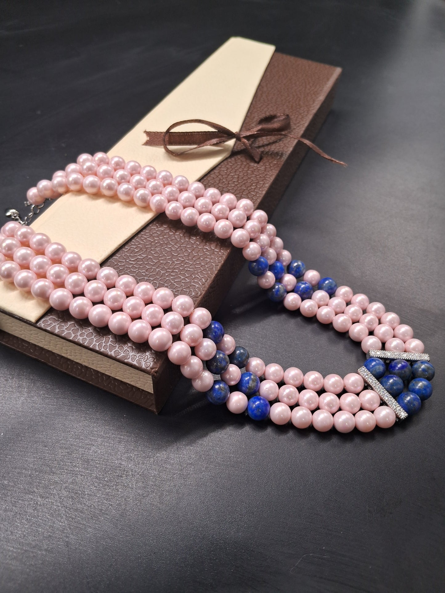 Triple-Strand Pink Pearl & Blue Gemstone Beaded Necklace | Elegant Natural Jewelry