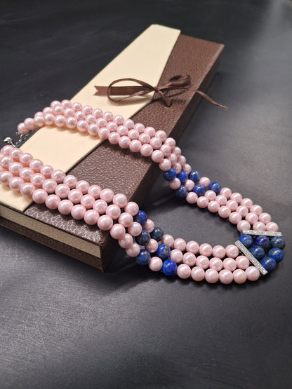 Triple-Strand Pink Pearl & Blue Gemstone Beaded Necklace | Elegant Natural Jewelry