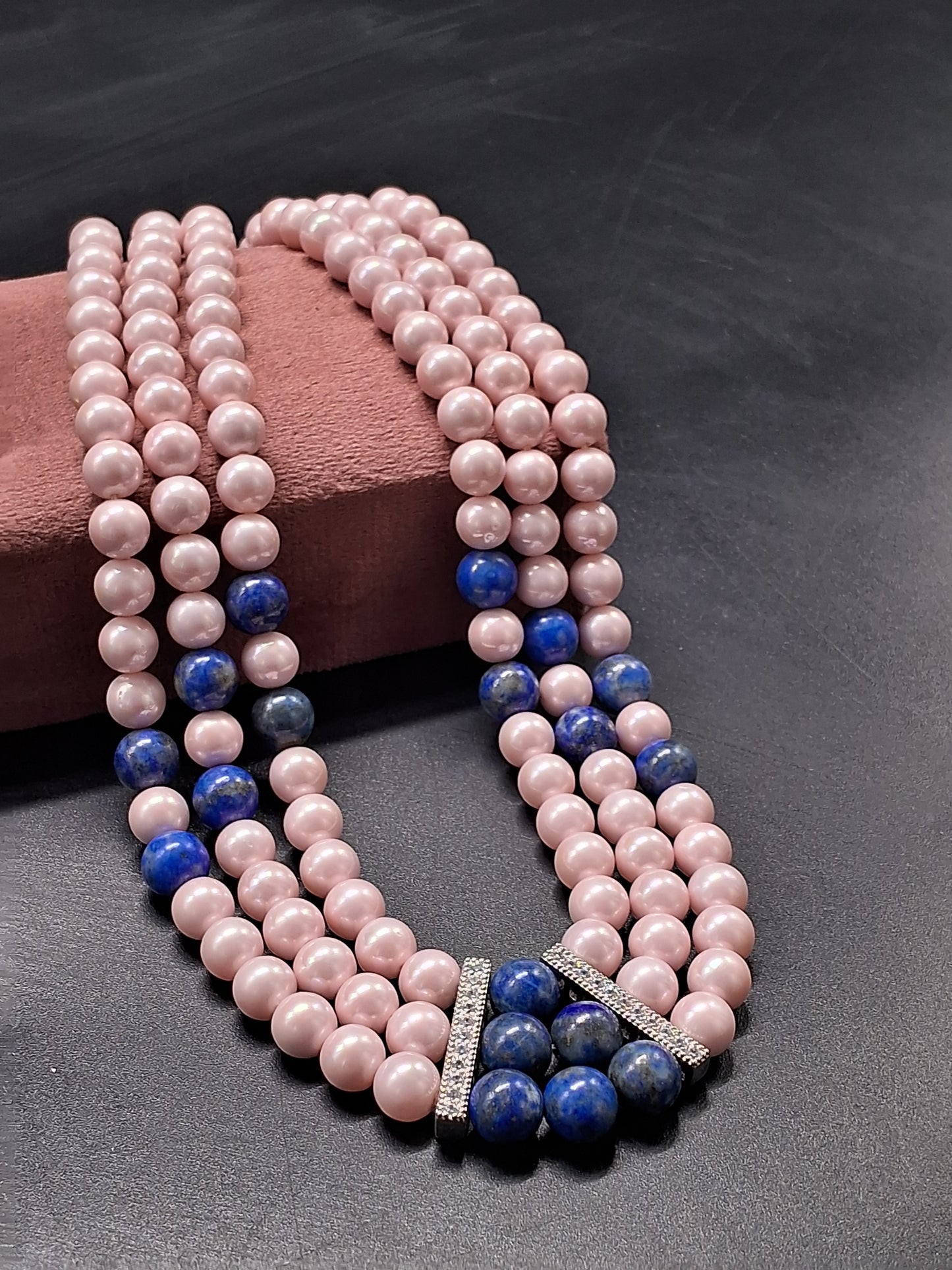 Triple-Strand Pink Pearl & Blue Gemstone Beaded Necklace | Elegant Natural Jewelry