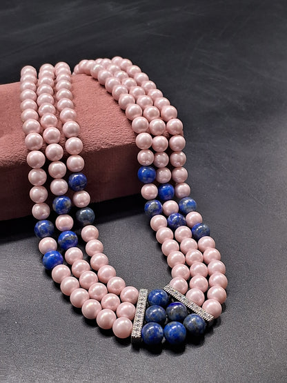 Triple-Strand Pink Pearl & Blue Gemstone Beaded Necklace | Elegant Natural Jewelry