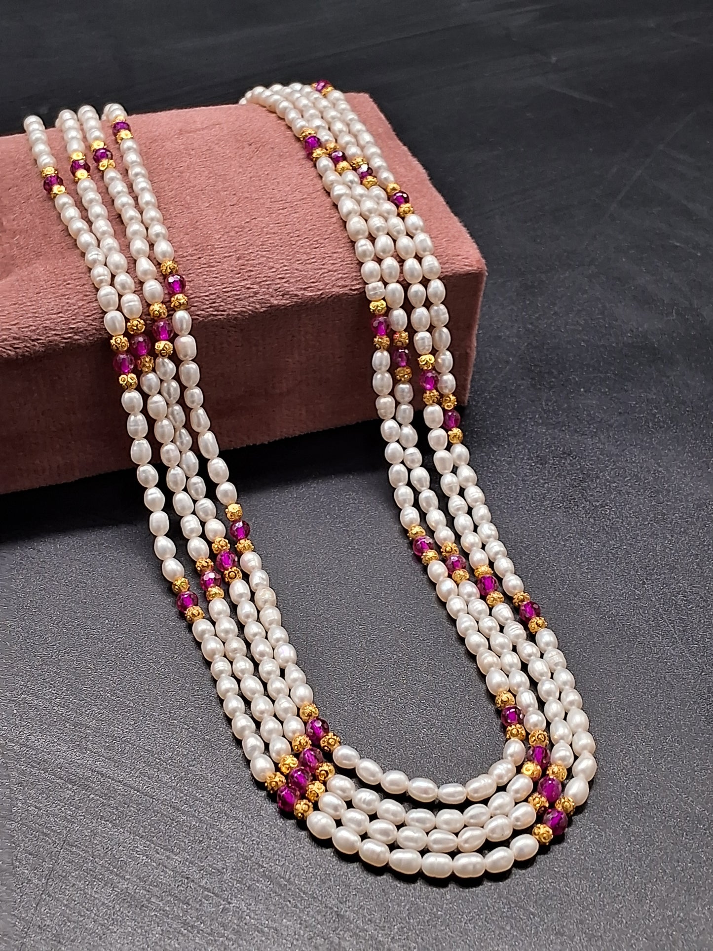 Multi-Strand Rice Pearl Necklace with Ruby & Gold Beads | Festive Ethnic Jewelry