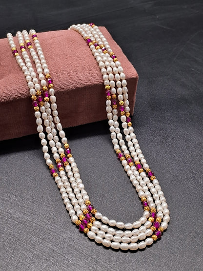 Multi-Strand Rice Pearl Necklace with Ruby & Gold Beads | Festive Ethnic Jewelry