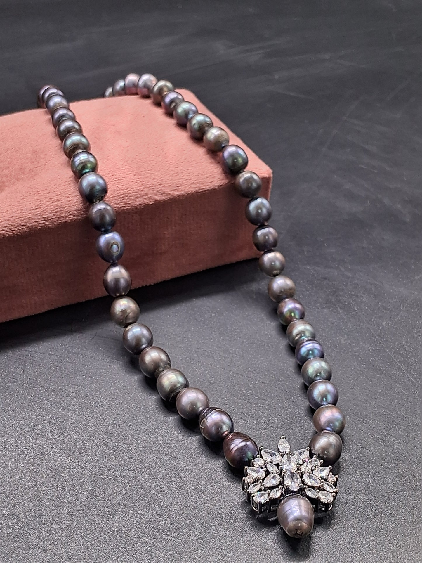 Lustrous Pearl Necklace with Sparkling Crystal Pendant | Handcrafted Elegance by Emryn
