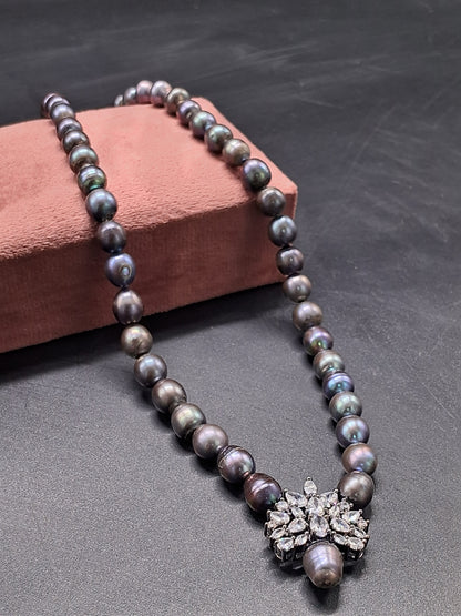 Lustrous Pearl Necklace with Sparkling Crystal Pendant | Handcrafted Elegance by Emryn