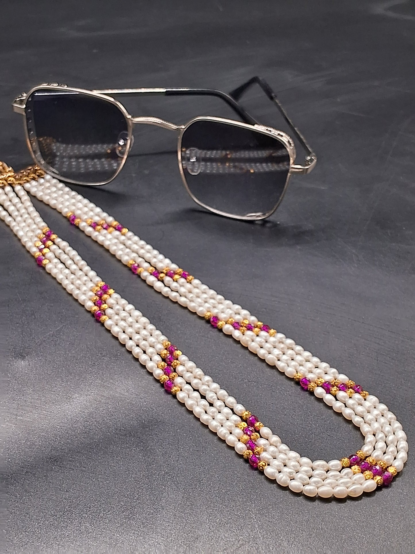 Multi-Strand Rice Pearl Necklace with Ruby & Gold Beads | Festive Ethnic Jewelry