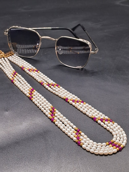 Multi-Strand Rice Pearl Necklace with Ruby & Gold Beads | Festive Ethnic Jewelry