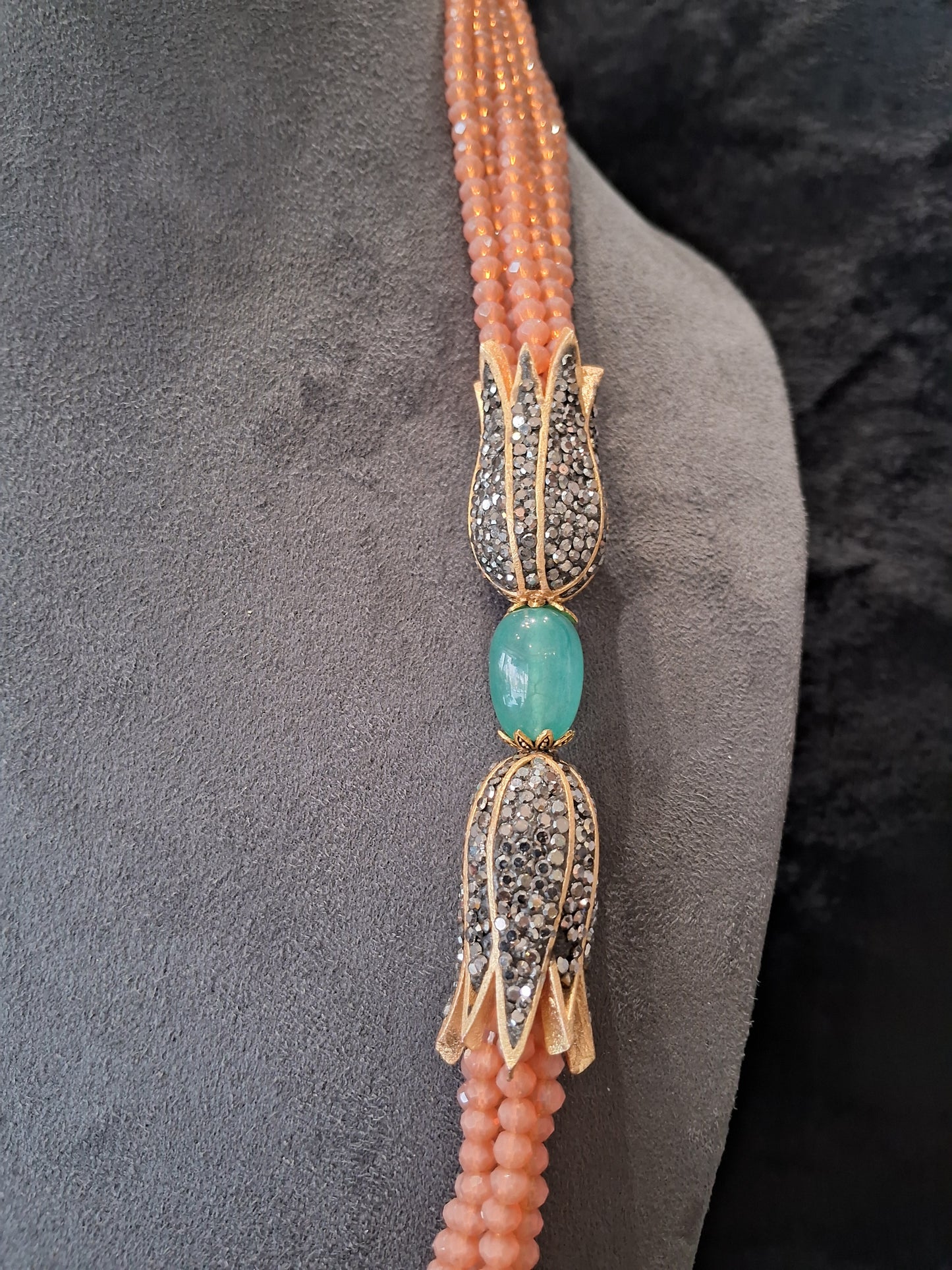 “Peach Onyx Multi-Strand Beaded Necklace
