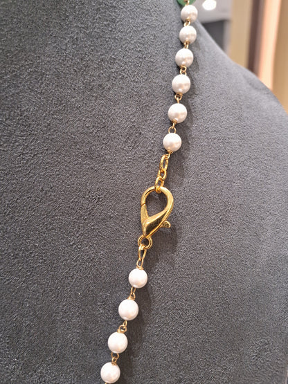 “Pink Stone & Aventurine Necklace Finished with Pearls and Gold Textured Accents”