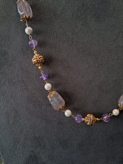 Royal Amethyst, Pearl & Tumble Gemstone Necklace