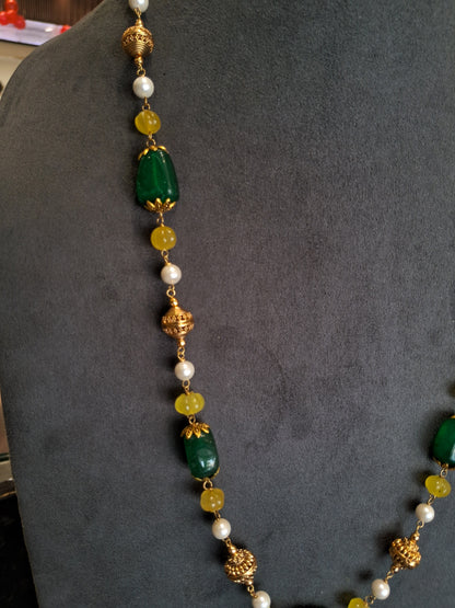Premium Green Gemstone Necklace with Pearls and Yellow Beads