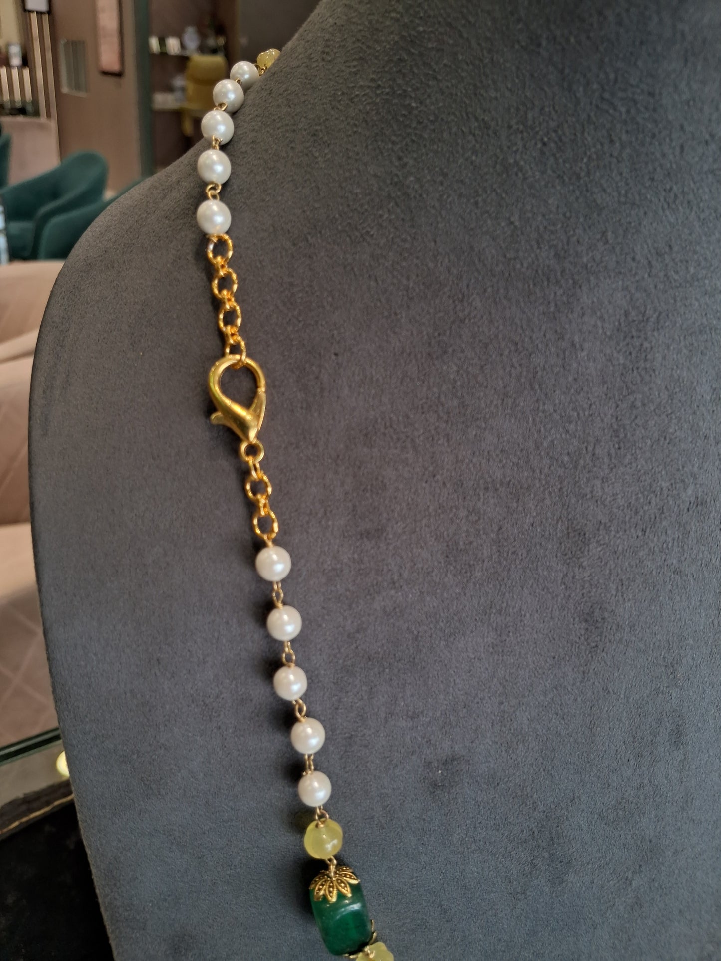 Premium Green Gemstone Necklace with Pearls and Yellow Beads