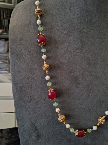 Festive Ruby Red Stone Necklace with Pearls & Antique Gold Beads