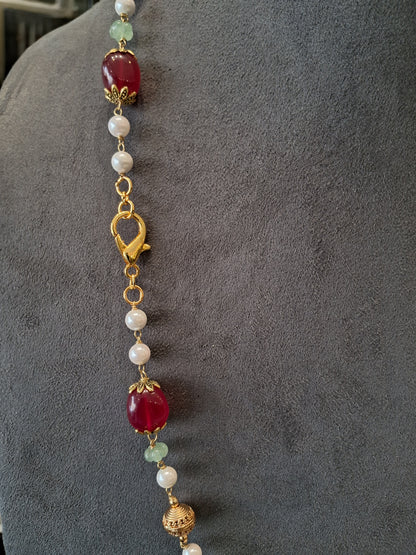 Festive Ruby Red Stone Necklace with Pearls & Antique Gold Beads