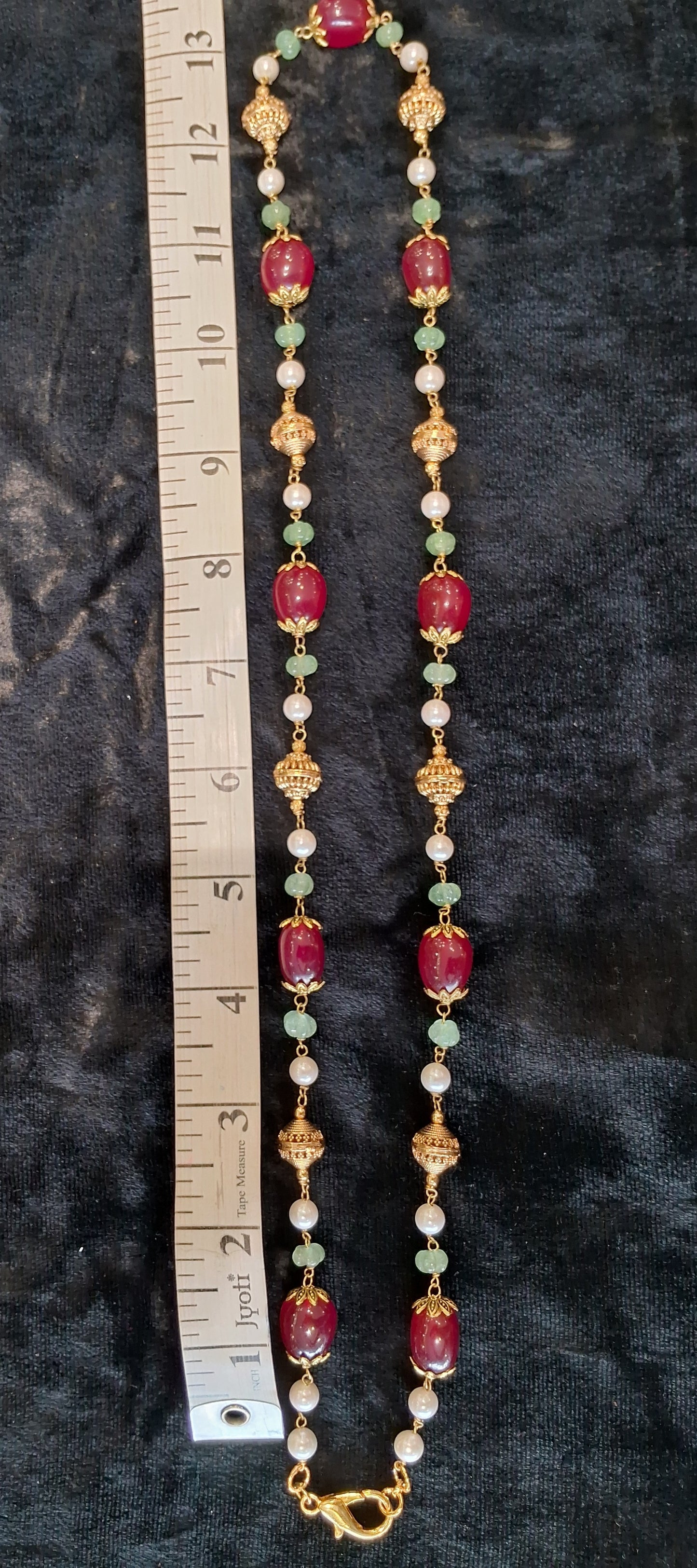 Festive Ruby Red Stone Necklace with Pearls & Antique Gold Beads