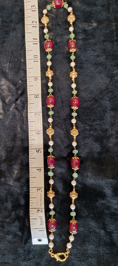 Festive Ruby Red Stone Necklace with Pearls & Antique Gold Beads