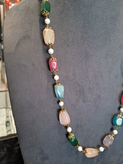 Handcrafted Multicolor Tumble Gemstone Necklace with Pearls