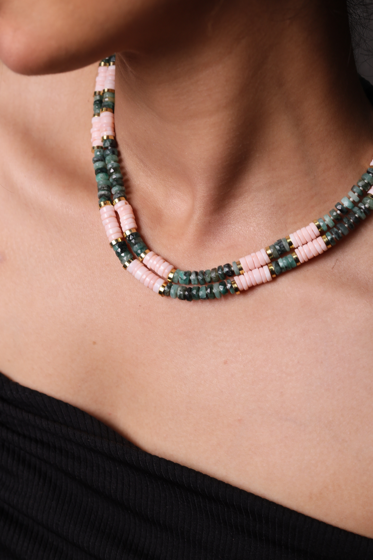 Pink Opal & Green Emerald Heishi  Beads Necklace