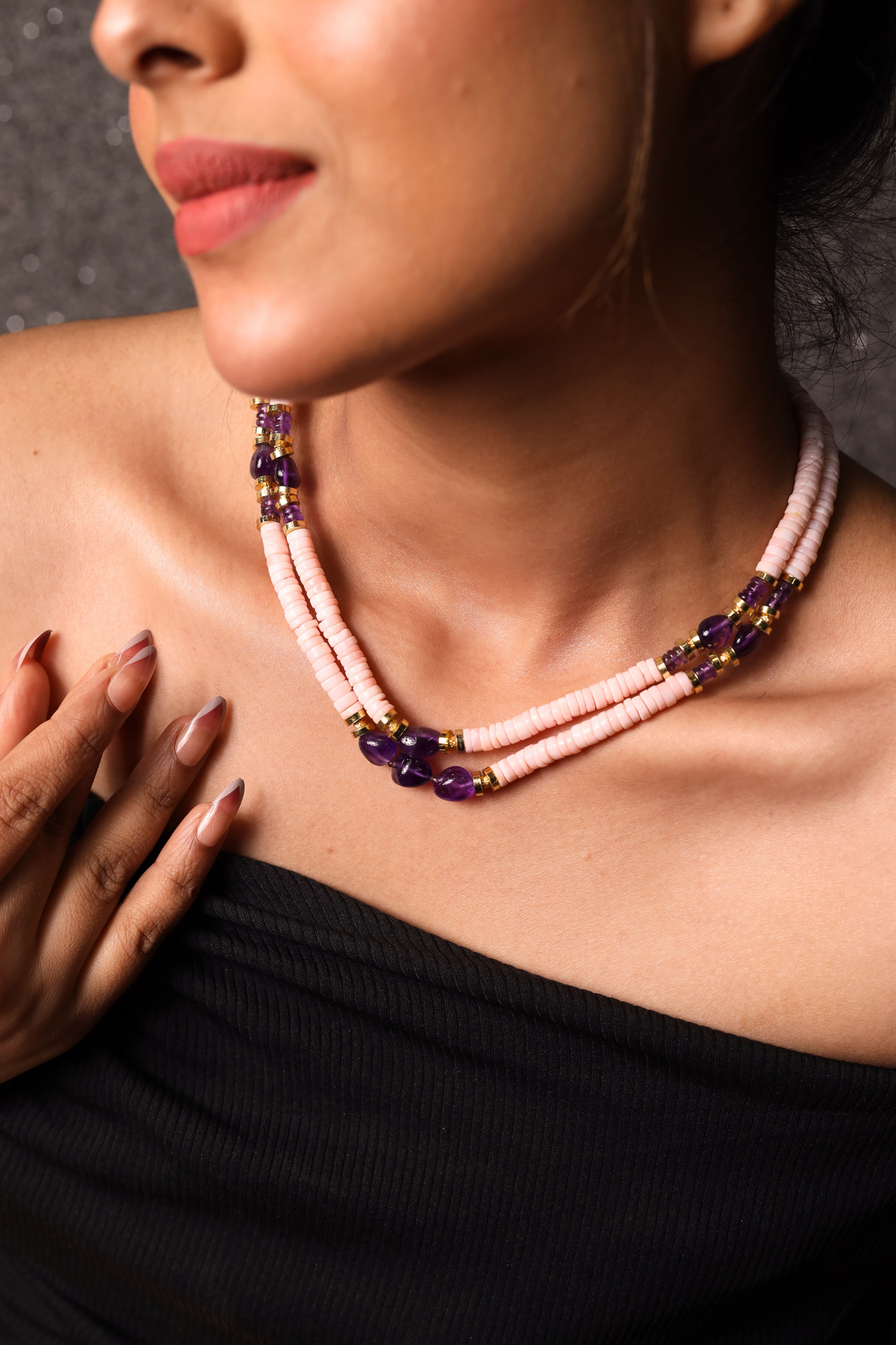 Pink Opal & amethyst  Beads  Necklace