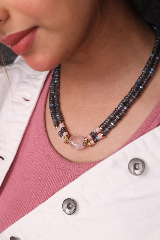 Labradorite with Rose Quartz  Tumble Necklace