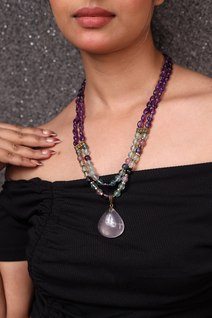 Amethyst & Fluorite with  Rose Quartz Pendant Necklace