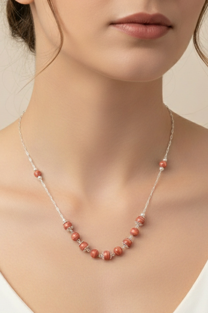 Peach Moonstone & Pearl Silver Necklace