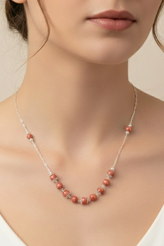 Peach Moonstone & Pearl Silver Necklace