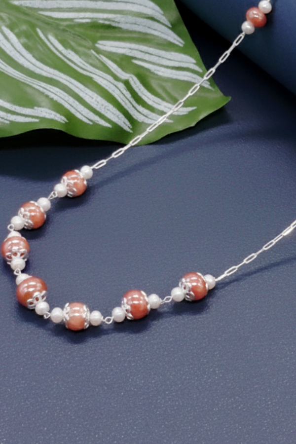 Peach Moonstone & Pearl Silver Necklace