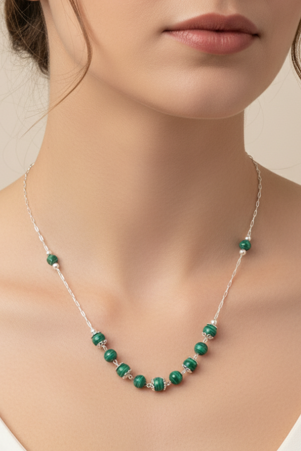 Handcrafted Malachite Beaded Necklace with Sterling Silver