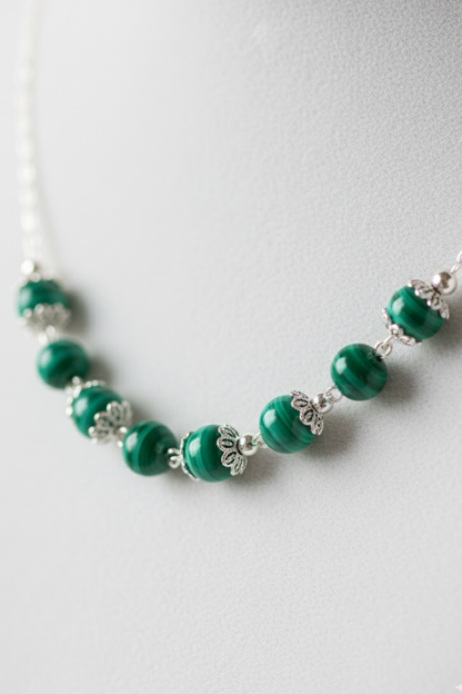 Handcrafted Malachite Beaded Necklace with Sterling Silver