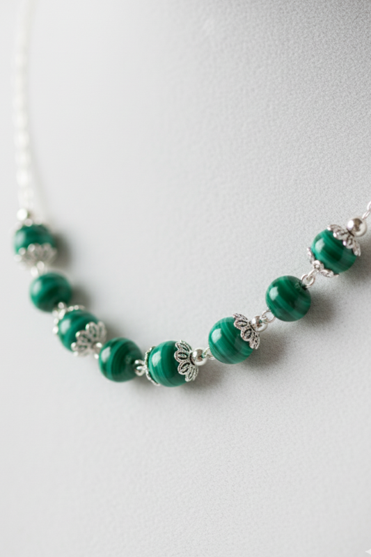 Handcrafted Malachite Beaded Necklace with Sterling Silver