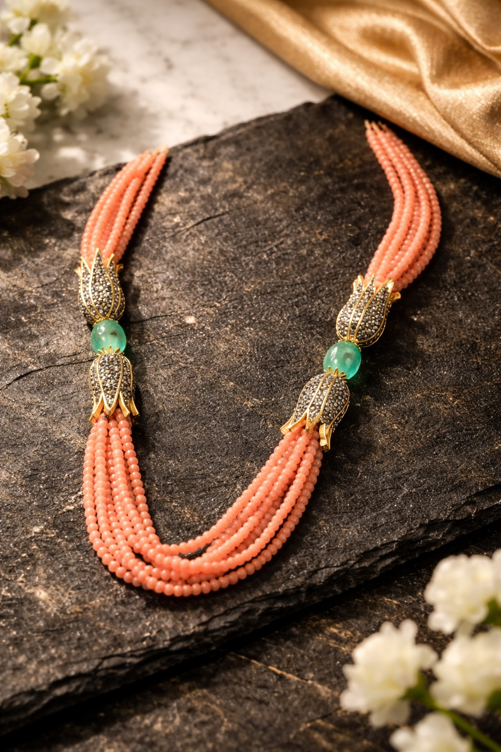 “Peach Onyx Multi-Strand Beaded Necklace