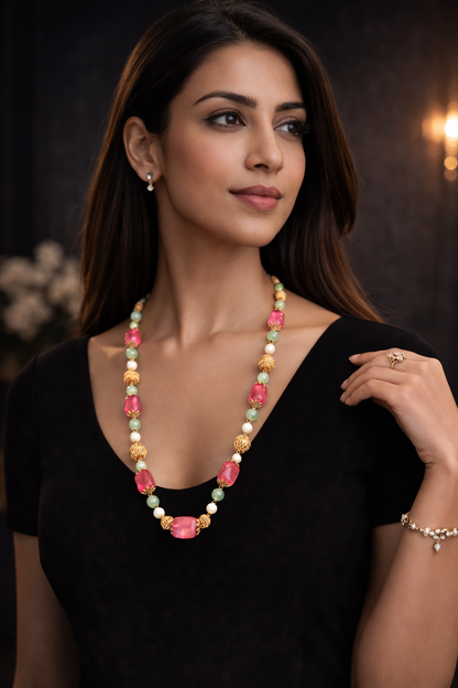 “Pink Stone & Aventurine Necklace Finished with Pearls and Gold Textured Accents”