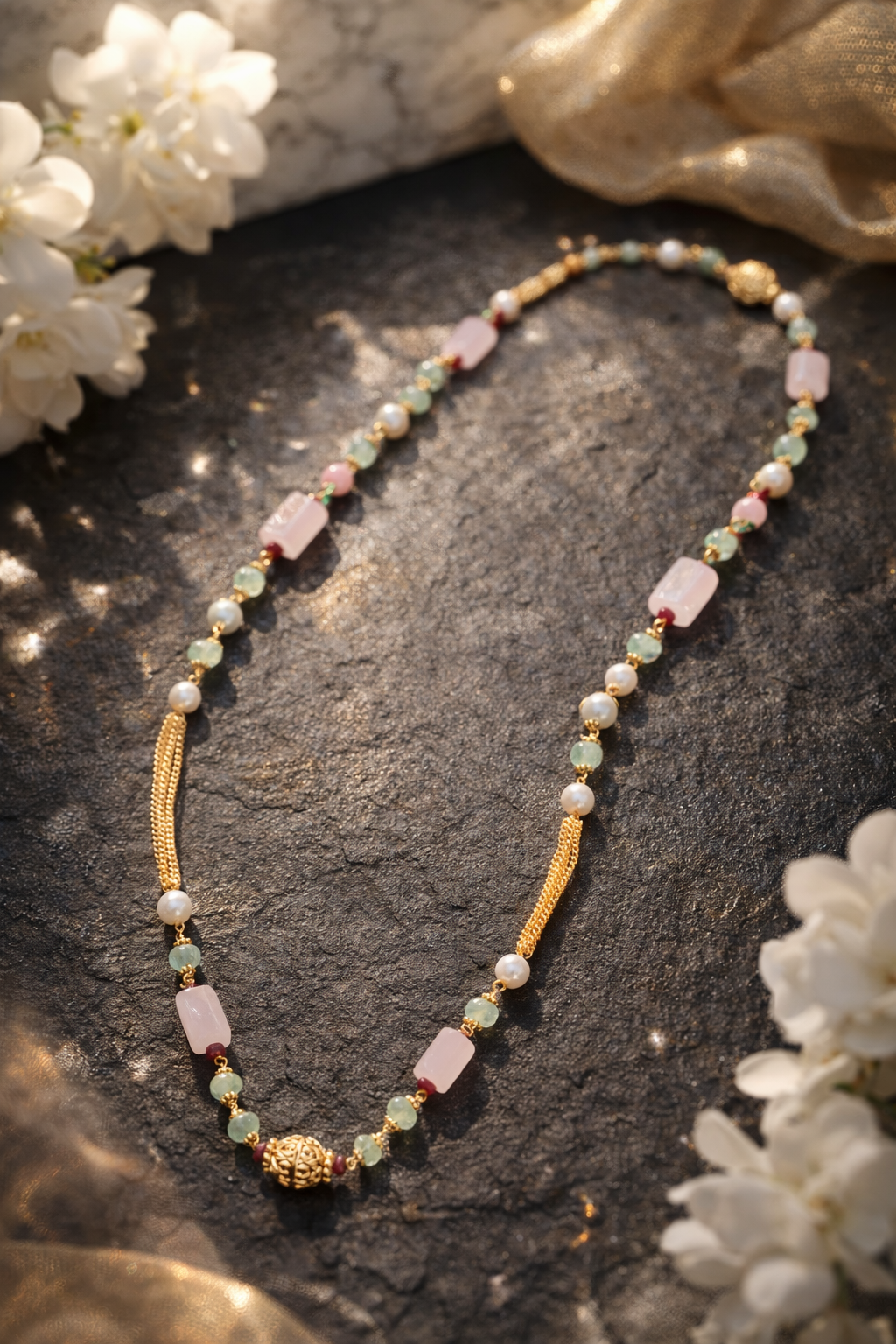 “Elegant Aventurine & Rose Quartz Necklace with Pearls”