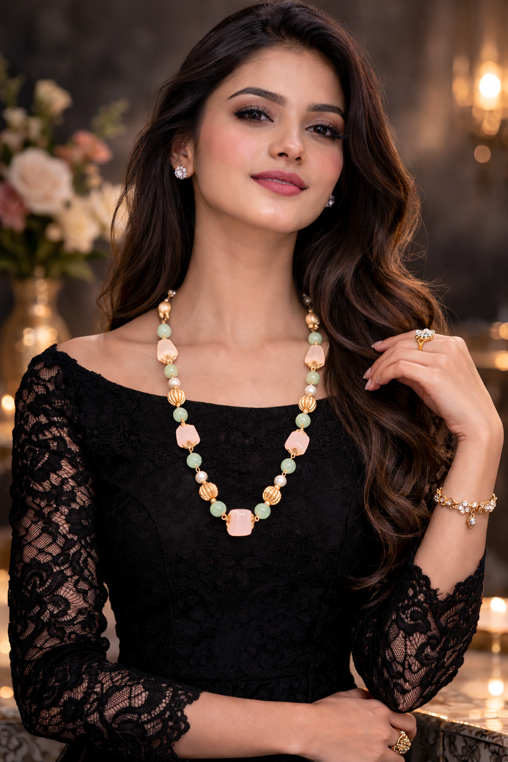 Luxury Rose Quartz Gemstone Featuring Green Aventurine Necklace