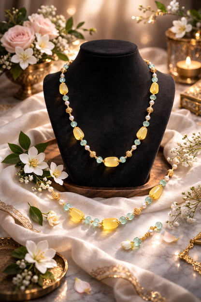 Elegant Green Aventurine with Yellow Tumble Statement Necklace