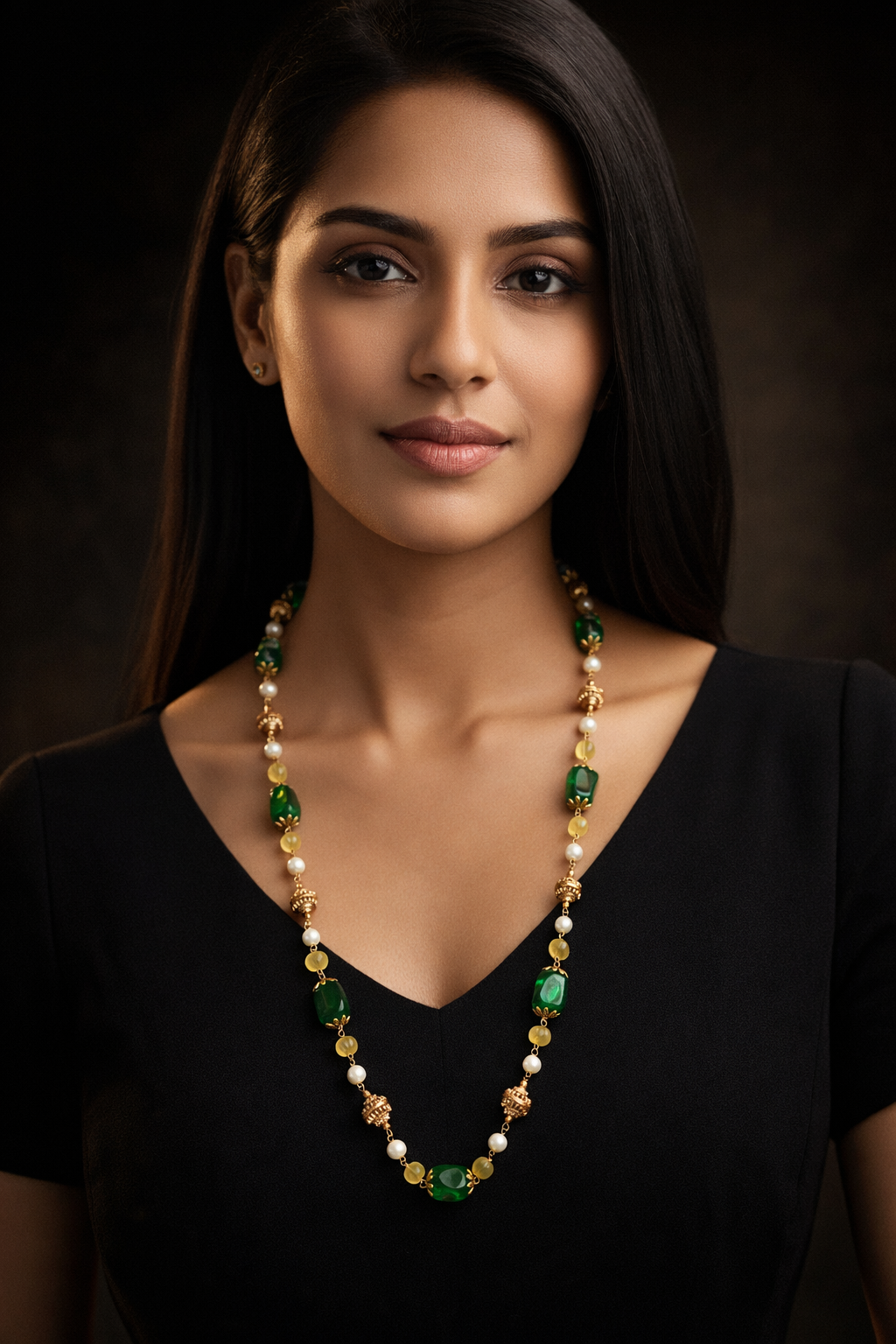 Premium Green Gemstone Necklace with Pearls and Yellow Beads