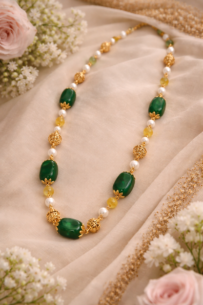 Premium Green Gemstone Necklace with Pearls and Yellow Beads