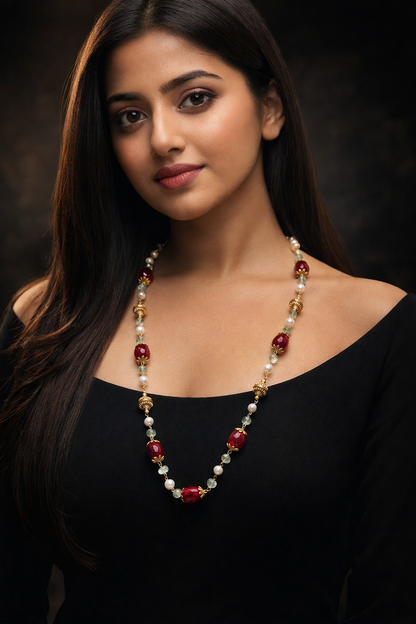 Festive Ruby Red Stone Necklace with Pearls & Antique Gold Beads