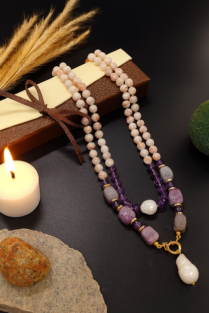 Handcrafted Pink Opal & Amethyst Necklace with Baroque Pearl Pendant – Elegant Multi-Strand Gemstone Jewelry