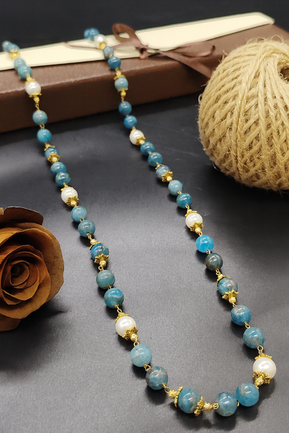 Handmade Blue Apatite Necklace – Natural Stones & Pearl Accents