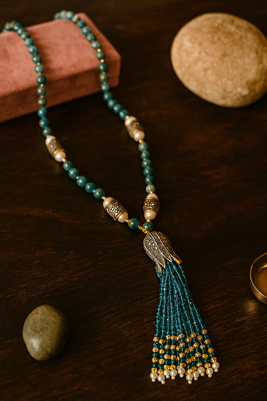 Blue Apatite Gemstone Necklace with Pearls – Elegant Gold-Finish Beaded Jewelry