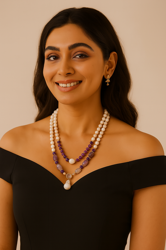 Handcrafted Pink Opal & Amethyst Necklace with Baroque Pearl Pendant – Elegant Multi-Strand Gemstone Jewelry