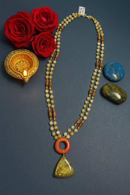 Handcrafted Double-Strand Gemstone Necklace with Red Donut and Labradorite Pendant – Gemstone Jewelry