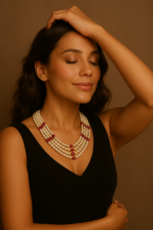 Multi-Strand Rice Pearl Necklace with Ruby & Gold Beads | Festive Ethnic Jewelry