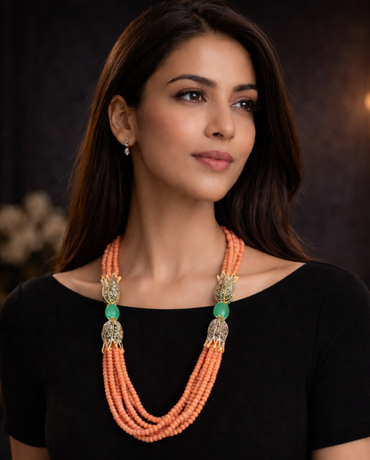 “Peach Onyx Multi-Strand Beaded Necklace